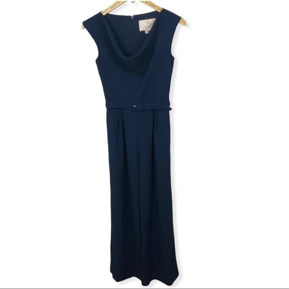 Gal Meets Glam Navy Blue Delia Jumpsuit Size 0‎ Pockets Draped Neckline Wide Leg - Picture 3 of 14
